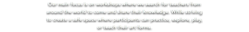 Our main focus is on workshops where we search for teachers from around the world to come and share their knowledge. While striving to create a safe space where participants can practice, explore, play, or teach their art forms.